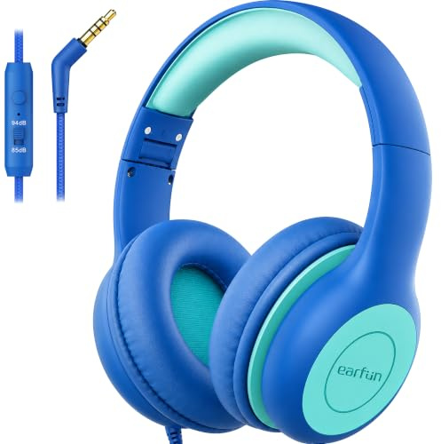 EarFun Kinder Kopfhörer mit 3,5 mm Kabel, Lautstärkebegrenzung, Blau-grün | 85/94 dB für kindgerechtes Hören, bequem, klarer Klang, Audio Sharing, faltbar & verstellbar, Mikrofon, für Schule & Lernen