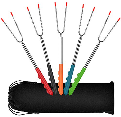 Grillspieße Grillgabel 5 Stück,Spieße Ausziehbar 32cm-115cm Grillspieße Lagerfeuer Teleskop BBQ Edelstahl Stockbrot Spieße, ideal für Camping,Gartenparty, Grillparty usw