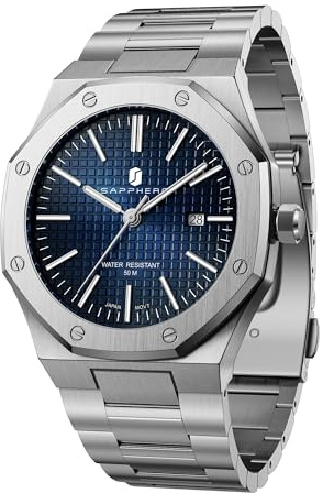 SAPPHERO Uhren Herren Quarzwerk Silber Edelstahl Armband 30M Wasserdicht Datum Kalender Schwarz Blau Herrenuhren Armbanduhr Geschenke für Männer
