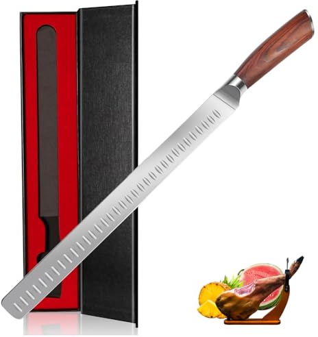 Schinkenmesser Rot Braun 43cm Lachsmesser Extra Scharfe Tranchiermesser Dönermesser Mit Ergonomisches Pakkaholz Griffdesign Küchenmesser Mehrzweck Grillen Camping Kochen Messer BBQ Werkzeug