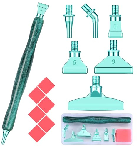 Snewvie Diamond Painting Stift Metall Aufsätze,Diamond Painting Zubehör Set mit 1 Style 5D Drill Pen und 6 Styles Grün Metall Ersatzköpfe,Diamond Painting Stift mit Gewinde