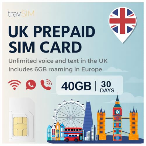 travSIM UK SIM Karte | 40GB + unbegrenzte Anrufe und SMS innerhalb Großbritanniens | 6GB Roaming in über 30 EU-Ländern, darunter Irland, Schottland und Wales | SIM Karte UK ist 30 Tage lang gültig
