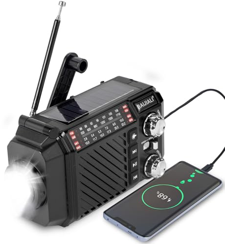 Kurbelradio Notfallradio mit 2600mAh Powerbank, Solar & USB-C Ladung, AM/FM/SW Weltempfänger, LED-Taschenlampe & SOS-Alarm für Notfall-Kits (Schwarz)