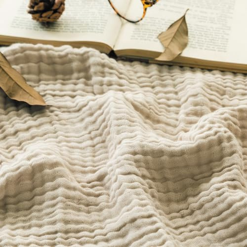 EMME Musselin-Decke Erwachsene, 100% Baumwolle, 152 x 203 cm Beige Sommer-Überwurf Decken für Couch, atmungsaktive Gaze-Decke alle Jahreszeiten, weich und leicht vorgewaschene Baumwolldecke
