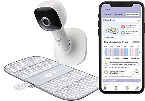 Hubble Dream+ Wi-Fi Video Babykamera, HubbleClub App verbunden, mit Sensormatte, überwacht Atmung und Herzfrequenz mit Nachtlicht, Full HD Live-Streaming über Smart-Gerät, Raumtemperatursensor