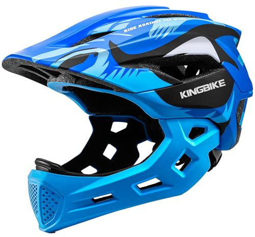 KINGBIKE Kinder-Fahrradhelm, Integralhelm, Radfahren, Roller, Schutz, Multisportarten für Kleinkinder, Kinder, mit abnehmbarem Kinnschutz, ab 5 Jahren, Jungen und Mädchen (blau, S)