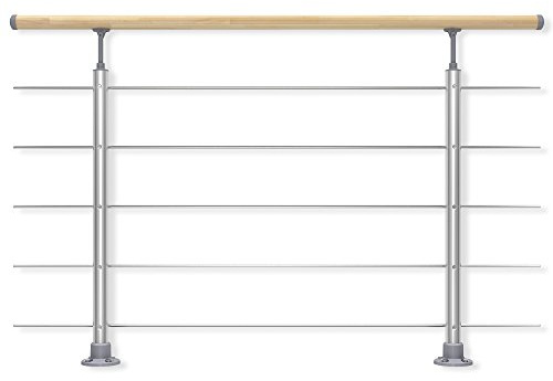 DOLLE Geländer aus Aluminium, 150 cm Länge, Buche-Handlauf, Bodenmontage | Treppengeländer innen, 2 Aluminiumpfosten, Holzhandlauf, 5 Edelstahl-Füllstäbe, kürzbar und erweiterbar