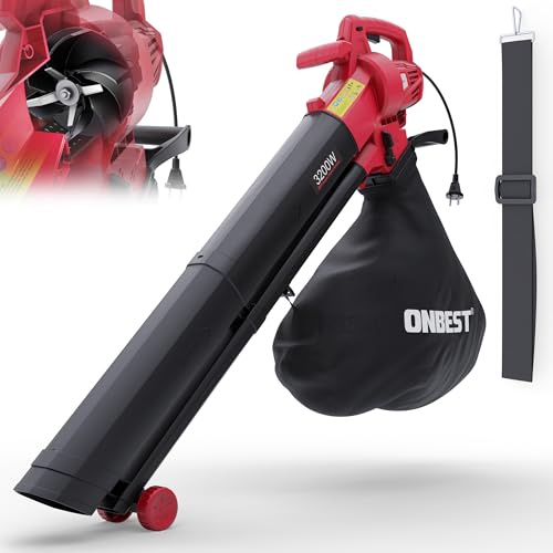 ONBEST 3in1 Elektro Laubbläser 3200 W – Sauger & Häcksler | Elektrischer Laubsauger und Laubgebläse mit Metall-Häckselrad, Gebläsefunktion, Tragegurt und Häcksler für Laub im Garten