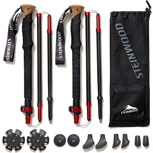 Steinwood Premium Carbon Wanderstöcke Faltbar - Trekkingstöcke Damen & Herren - Wanderstock Carbon Ultraleicht mit Kork-Griff und Gummipuffer Set