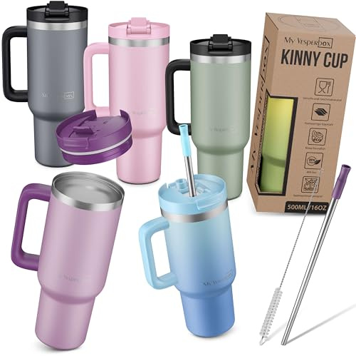 My Vesperbox Kinny Cup Thermobecher mit Strohhalm, Blauverlauf, 500 ml | Edelstahl Trinkbecher mit Henkel & Deckel, 500 ml, doppelwandig isoliert, spülmaschinenfest, BPA-frei, Bürste inklusive
