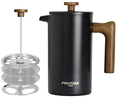 Poliviar French Press Kaffeebereiter 1 Liter/8 Tassen, Doppelwandige Isolierte Kaffeekanne und Teebereiter, Handfilter Kaffeepresse mit Plunger & Griff aus Holz, Vintage (Schwarz)