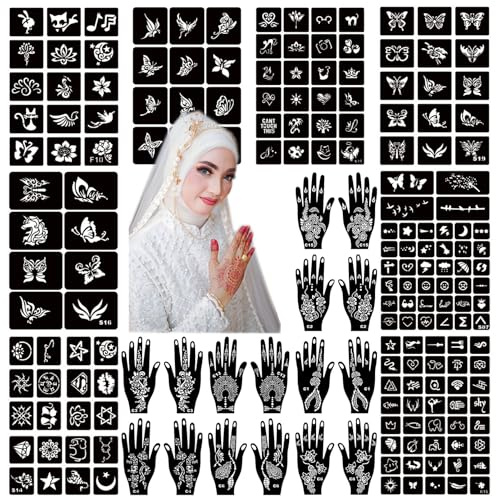 ChurlChurl Henna Tattoo Schablone Kit, 24 Blatt Henna Schablonen Wiederverwendbare Temporäre Tattoo Schablonen für Frauen Face Paint Body Art Glitter Tattoo Schablonen