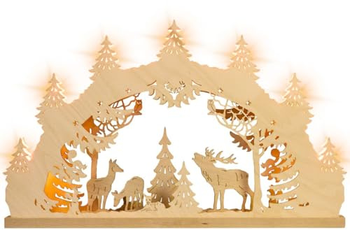 weigla - Schwibbogen original Erzgebirge I LED Lichterbogen Weihnachten I Motiv Hirschfamilie I 7 Lampenkerzen + 1 Ersatzlampe I 7 x 34 V, 0,2 W, E10 I beleuchtete Weihnachtsdeko innen