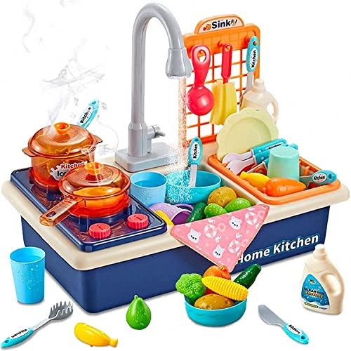 Küchenspüle Spielzeug Set mit Warmwasserhahn Farbwechsel Geschirr-Kochgeschirr Topf und Pfanne, Play Food, Farbwechsel Geschirr Zubehör für Jungen Mädchen Kleinkinder(Blau)