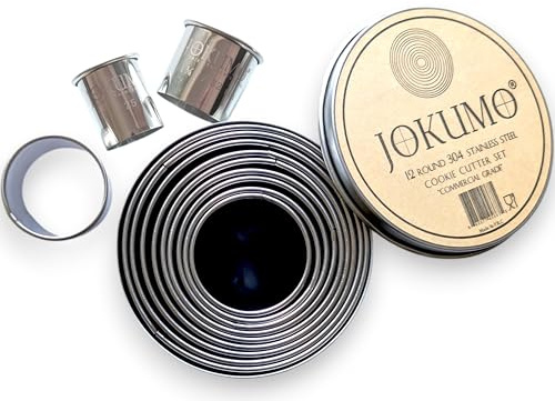 JOKUMO Set aus 12 Stück Einfachen Runden Teig- / Keksausstechern aus hochbeanspruchbarem, handelsüblichem 18/8 304-Edelstahl – matallmarkierte Größe – Perfekt für Kochenthusiasten
