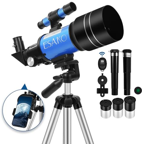 ESAKO Teleskop für Kinder & Einsteiger, 70mm Blende Tragbares Teleskop Astronomisches Linsenteleskop mit Ausziehbarem Stativ, Telefonhalterung, Mondfilter