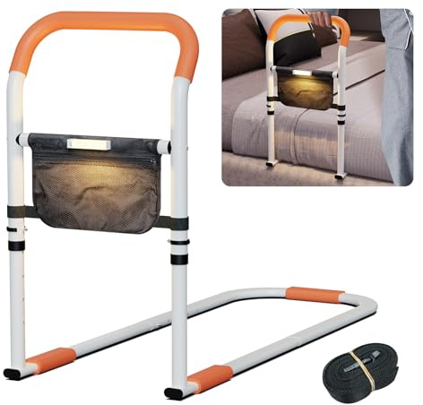 Zelvia Aufstehhilfe Bett für Senioren Höhenverstellbarer Bettgriff mit rutschfestem Handgriff abnehmbarem LED-Sensorlicht mit Tasche Alltagshilfen für Senioren Schwangere Reha Patienten (Orange)