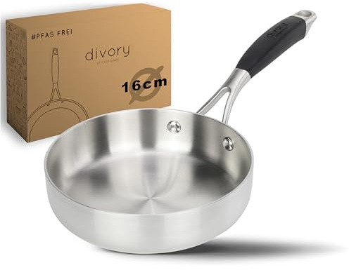 DIVORY Edelstahlpfanne 16cm – Ohne PTFE & PFOA, unbeschichtete Pfanne aus Edelstahl, Induktion geeignet, kleine Bratpfanne ohne Beschichtung, stainless steel frying pan (PURA, 16 cm)
