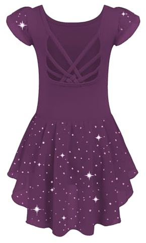 Arshiner Kinder Ballettanzug 2-10 Jahre Mädchen Ballettkleid Rückenfrei Kurze Ärmel/Langarm Ballettkleidung Baumwolle Tanzbody mit Irregulär Ballettrock mit Strasssteine