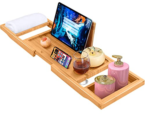 ADOV Badewannenablage, Erweiterbar Luxus Spa Bambus Holz Badewannenbrett mit Halter für Buch Tablet Telefon Glas und Kerze, Einstellbar Badewannentablett Caddy Brücke Passt Meisten Badewanne Größen