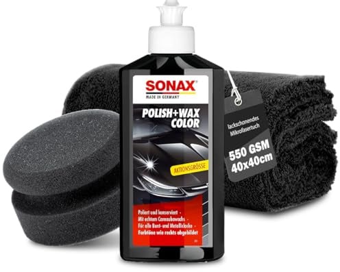 Auto Politur Set | Sonax Polish & Wax Color Schwarz 250ml Autopolitur + Polierschwamm + Poliertuch | Polierpaste für dunkle Metalliclacke zur Entfernung kleiner Kratzer | Polierset