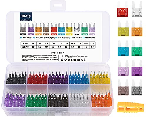 URAQT Sicherungen Set, 120 Stücke Mini Auto Sicherung mit Aufbewahrungskoffer und Sicherungsabzieher Sortiment Klinge Sicherung für Auto Lkw Sicherungen Kfz (2A,3A,5A,7,5A,10A,15A,20A,25A,30A,35A)