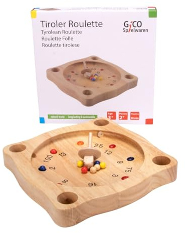 GICO Tiroler Roulette aus Holz mit Kreisel und Holzkugeln, Kreiselspiel, Bauernroulette 22 x 22 cm - 7958