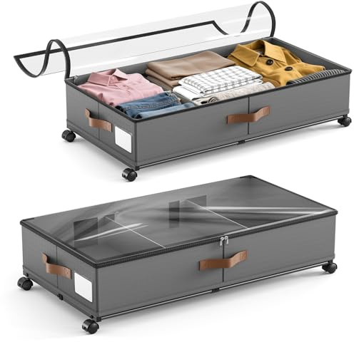 BugyKido 2 Stück Unterbett Aufbewahrungsbox mit Rollen 48L, Unterbettkommode mit PVC Deckeln & 3 Griffe & Etikett, 78×42×17cm Unterbett Aufbewahrung mit Rollen 360° Drehung für Kleidung Schuhe Decken