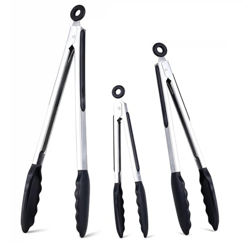 Küchenzange 3er-Set, Edelstahl Grillzange Mit Silikonspitzen Zum Kochen, Grillen, Buffet, 7/9/12 Zoll (18cm/23cm/30cm, Schwarz)
