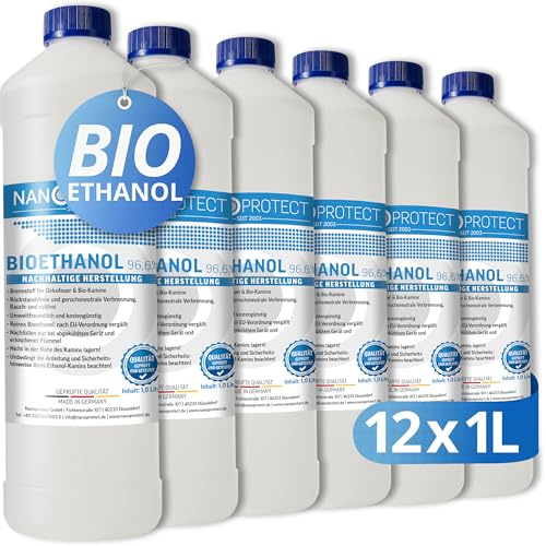 Nanoprotect Bioethanol 96,6% | 12x1 Liter | Flüssiger Ethanol Brennstoff für Indoor Kamin und Tischfeuer | Reiner Ethylalkohol als Lösemittel | Geprüfte Premium Qualität