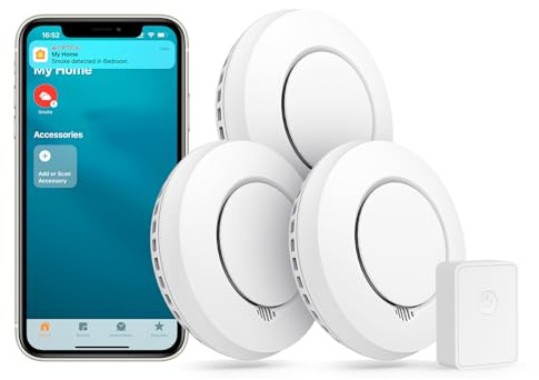 Meross WLAN Rauchmelder Vernetzt funktioniert mit Apple HomeKit, Smart Smoke Detector 3 St. Feuermelder mit Hub, Brandmelder mit Stummschaltung und Selbsttest Funktion Geprüft nach DIN EN 14604