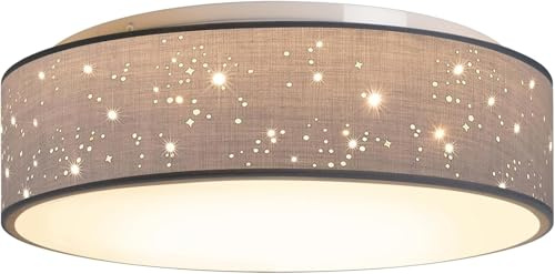 Zedelmaier Deckenlampe Stoff 38cm E27x2 max.40W Deckenleuchte mit Sternenhimmel Wohnzimmer Schlafzimmer Kinderzimmer Flur Küche Lampe Decke Stoffdeckenlampe Rund (Grau, Ø38x12,5cm)