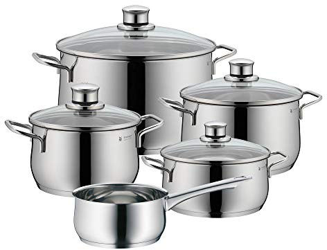 WMF Diadem Plus Topfset Induktion 5-teilig, Kochtopf Set mit Glasdeckel, Cromargan Edelstahl poliert, Induktions Töpfe Set unbeschichtet