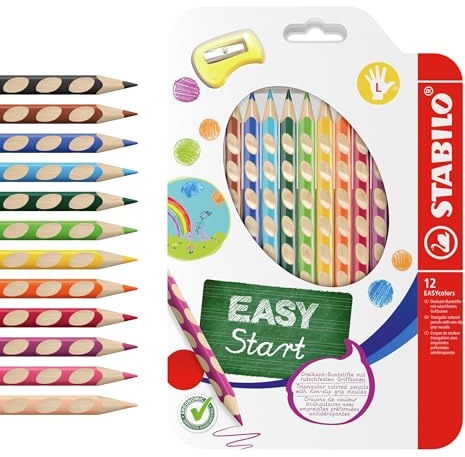 STABILO - Ergonomischer dicker Buntstift für Linkshänder - EASYcolors - 12er Pack mit Spitzer