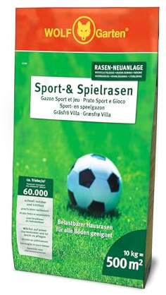 WOLF-Garten Sport- & Spielrasen LG 500 (für 500 m², schnell nutzbar & trittfest, strapazierfähiger Rasen für Sport- & Spielplätze, Hausgarten, für alle Bodenarten geeignet, 10 kg Papiersack) 3825041