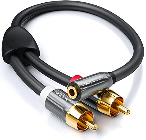 deleyCON 20cm Kurzes Stereo Audio Kabel - 3,5mm Klinken Buchse zu 2x RCA Cinch Stecker - aus Metall - Adapter für Laptop Tablet Smartphone TV DVD Sound Box - Schwarz