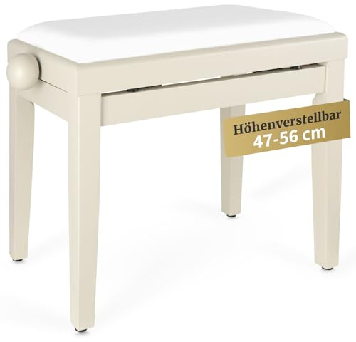 Steinmayer Pianobank Weiß matt, 47-56 cm höhenverstellbar | Massivholz, Kordbezug in Weiß, Sitzfläche 55 x 32 cm, Spindelmechanik, rutschfeste Gummifüße, max. 120 kg