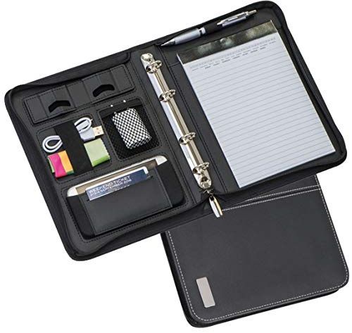 A5 Ringbuchmappe aus Lederfaserstoff – Business Organizer mit Reißverschluss, Steckfächern, Smartphonefach & -halterung, Kugelschreiberschlaufe inkl. A5 Block Businessmappe