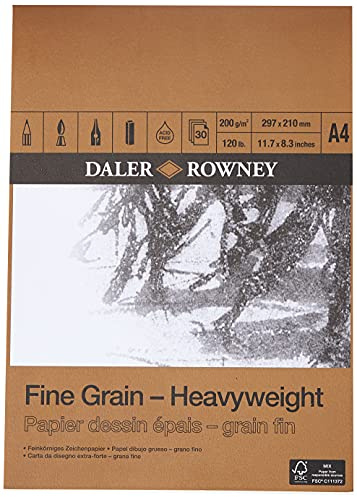 DALER ROWNEY Zeichenpapier, feingekörnte, leichte Textur, 200 g/m², einseitig geleimter Block, DIN A4 21 x 29,7 cm , 30 Blatt