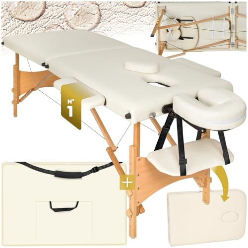 tectake® Massageliege klappbar mit 2 Zonen, Massagetisch tragbar mit 5cm Polsterung, höhenverstellbare, Mobile Massageliege, Massagebank mit Holzfüßen und Zubehör Tragetasche - beige