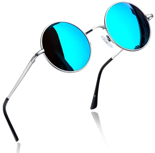 Joopin Retro Runde Sonnenbrille Herren Verspiegelte Blau Hippie Damen Sonnenbrille Rund Polarisiert Klassische Sunglasses UV400 (Blau Verspiegelt)