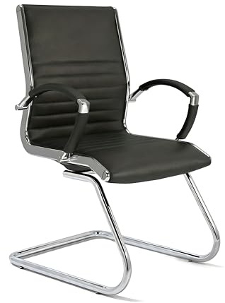 VERSEE Premium Echt-Leder Besucherstuhl Montreal in Schwarz mit Armlehne - Freischwinger mit Chrom für Büro und Konferenzräume - Belastbar bis 150kg