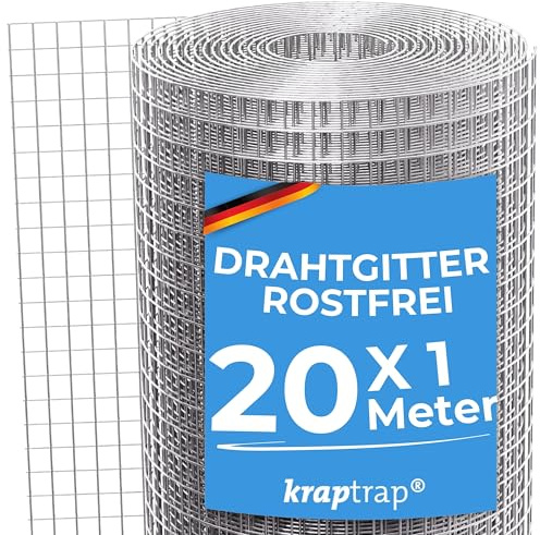 KrapTrap Volierendraht Drahtgitter, verzinkt, 20 m x 1 m, 12 x 12 mm, stabiler Kaninchendraht, Wühlmausgitter, Vogeldraht