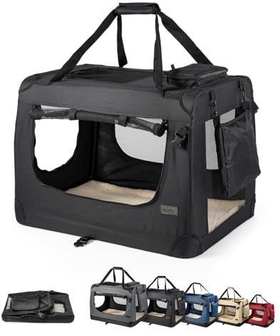 lionto Hundetransportbox faltbar für Reise & Auto, 60x42x44 cm, stabile Transportbox mit Tragegriffen & Decke für Katzen & Hunde bis 12 kg, robuste Hundebox aus Stoff für klein & groß, schwarz