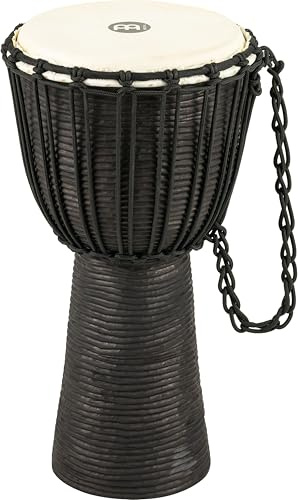 Meinl Percussion Black River Series Djembe, Schwarz (HDJ3-M) | Handgeschnitzter Korpus, Höhe 20 Zoll, Durchmesser 10 Zoll, mit Nylonseilen, Ziegenfell, Mahagoni