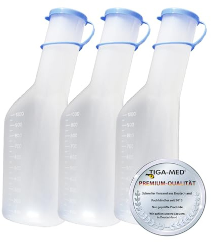 Tiga-Med Urinflasche Männer 3er Set 1 Liter – Urinalflasche mit Deckel & Graduierung, PP Kunststoff, autoklavierbar 130°C, Pflege & Klinik
