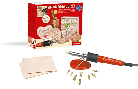 Pebaro 0269 Bastelset Brandmalerei: Brandmalkolben, 6 Brennspitzen, 3 Brennstempel, 2 Holzplatten, Pyrographie, Holzbrennen, Schreiben, Zeichnen auf Holz, Kork etc., Basteln, Mittel