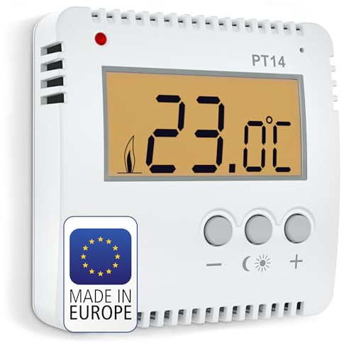 ELEKTROBOCK PT14 Digitaler Raumthermostat 230V | Ein Knopfdruck - Temperaturwechsel | kein programmieren notwendig | großes beleuchtetes LCD Display | Wandthermostat für elektrische Heizungen