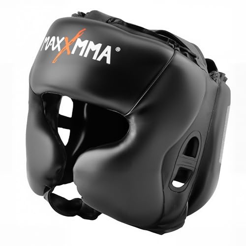 MaxxMMA Boxhelm für Erwachsene – Schwarz, Verstellbarer Kopfschutz mit Nasen- und Kinnschutz