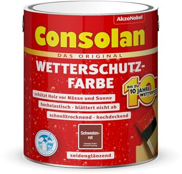 Consolan Wetterschutzfarbe, Deckender Holzschutz für Außen, Schwedenrot, 2,5L